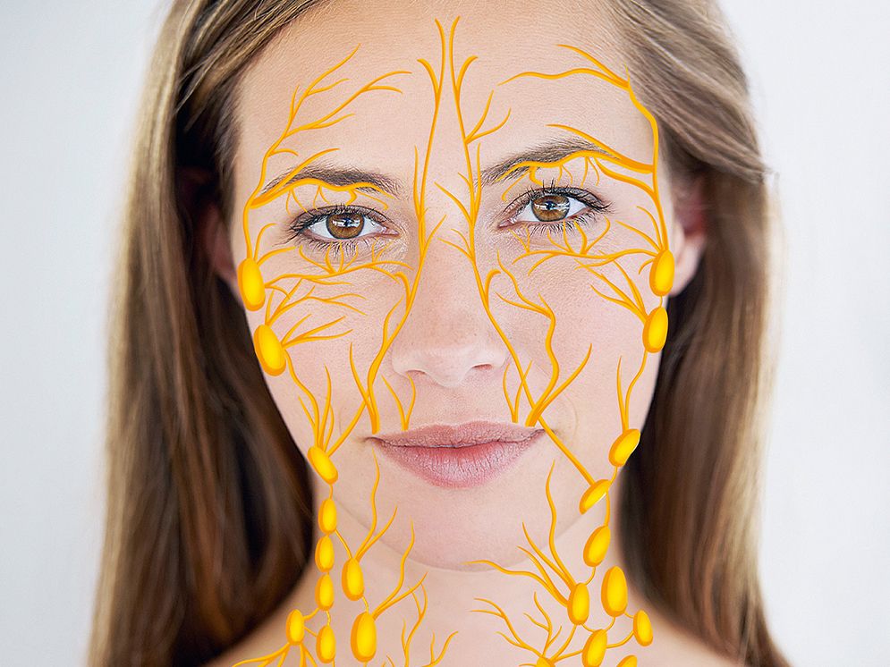 Frontalansicht Gesicht Frau mit eingezeichneter Lymphe