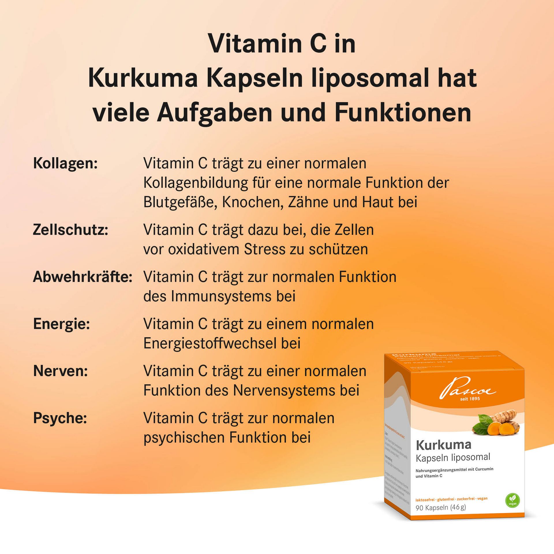 Vitamin C in Kurkuma Kapseln liposomal hat viele Aufgaben und Funktionen
