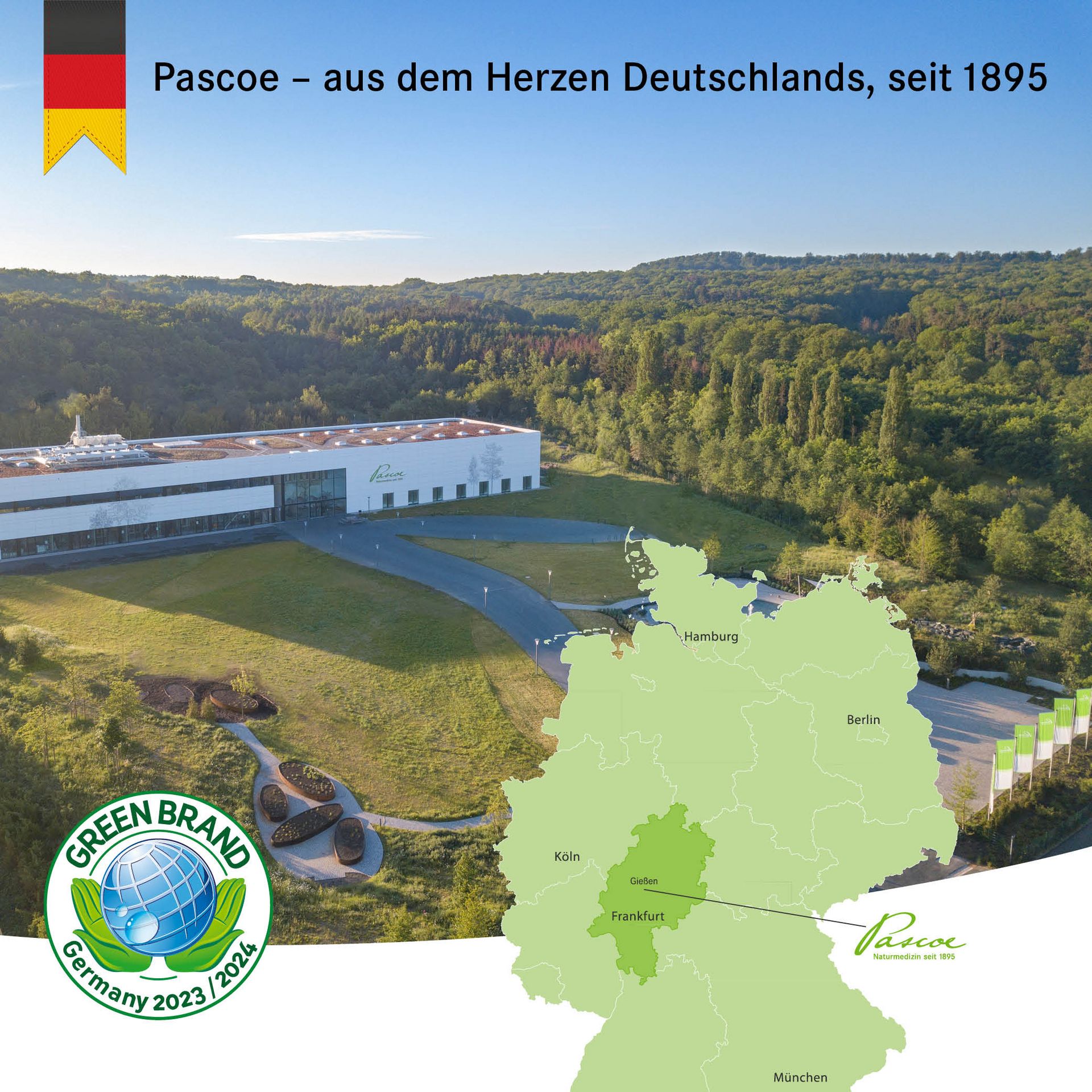 Abbildung Logo Green Brand Award und Karte von Deutschland mit Lageverweis auf Gießen