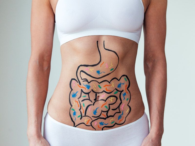 Magen und Darm sind auf den Bauch einer Frau ausgezeichnet um den Verdauungstrakt darzustellen